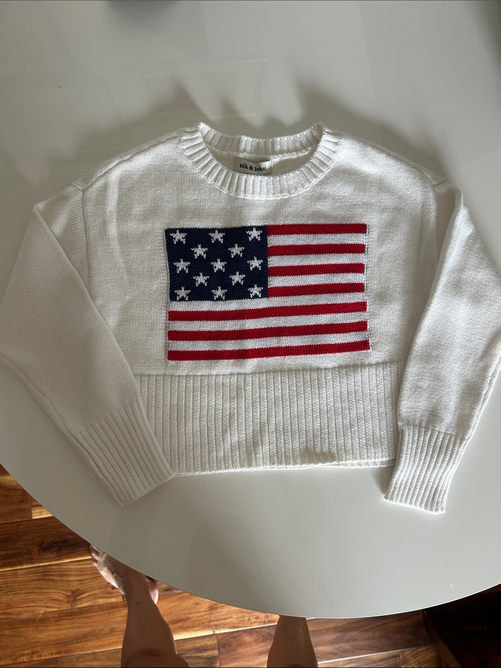 White Crewneck Sweater with Red & Blue Flag Graphic girls 5-6 years old